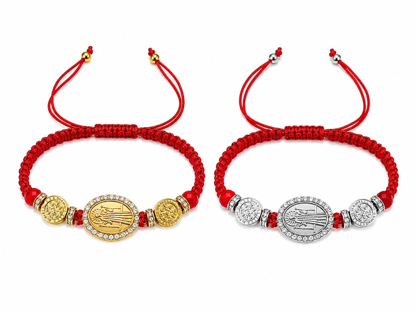 Red Cord St. Benedict Bracelet – Gold or Silver Medal Accent, Adjustable Fit