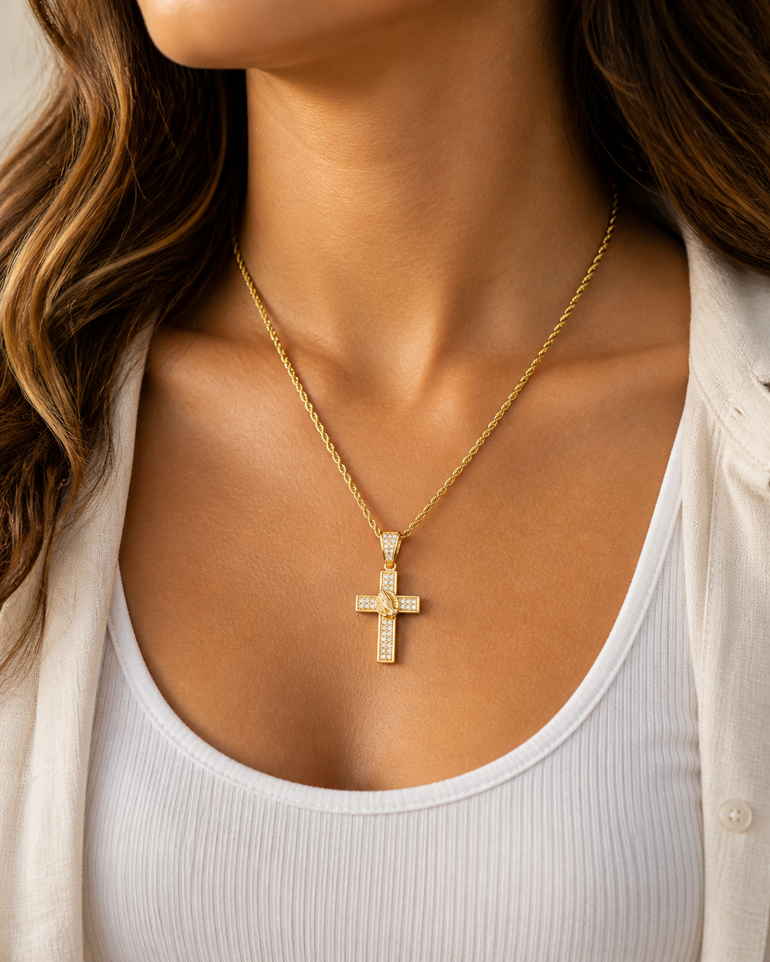 Cross Necklace with Praying Hands Pendant, Gold Rope Chain, CZ Diamond, Waterproof Stainless Steel