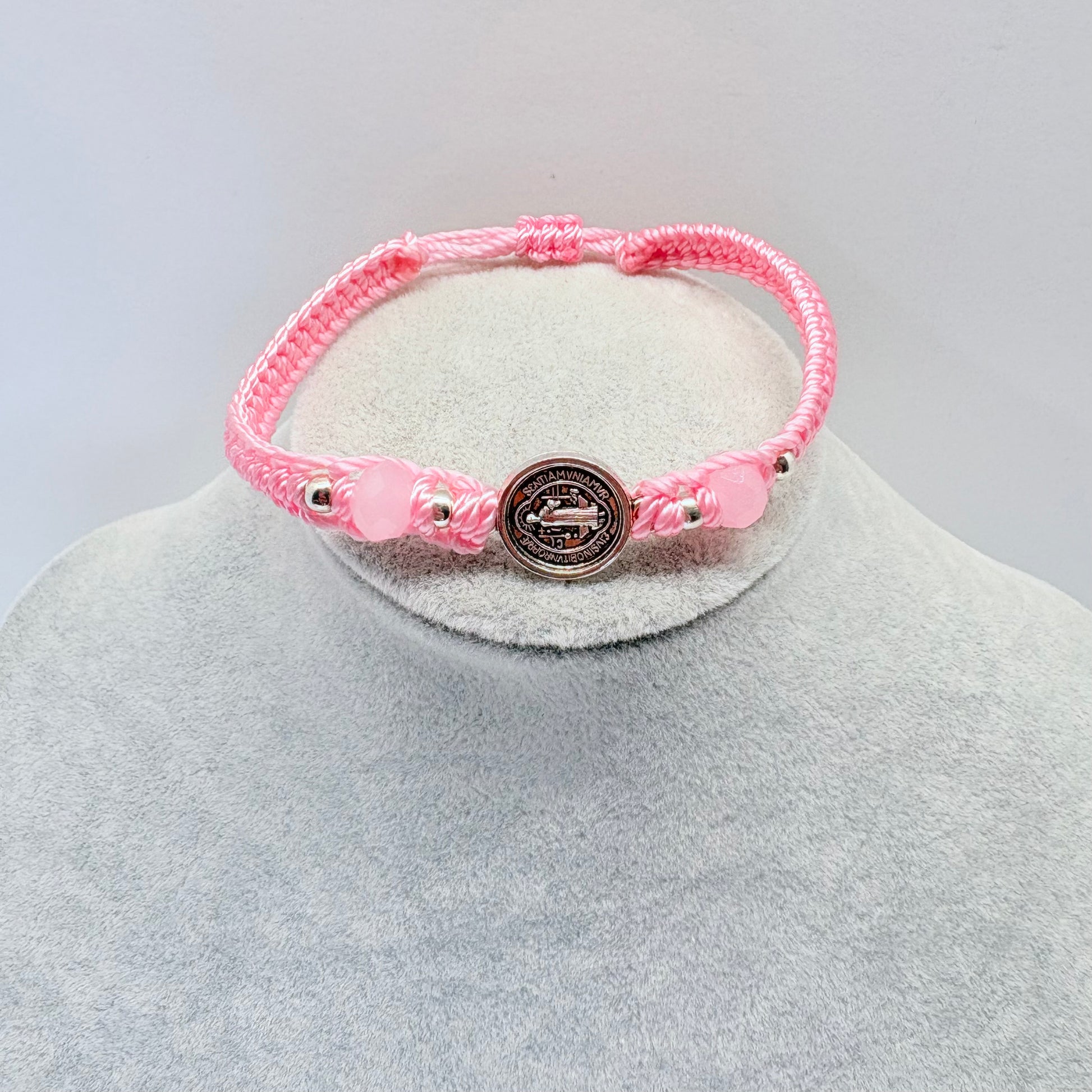 pink-st-benedict-bracelet-display-beaded-catholic-bracelet