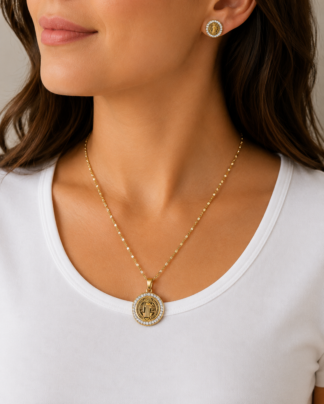 St Benedict Necklace and Earring Set Stainless Steel