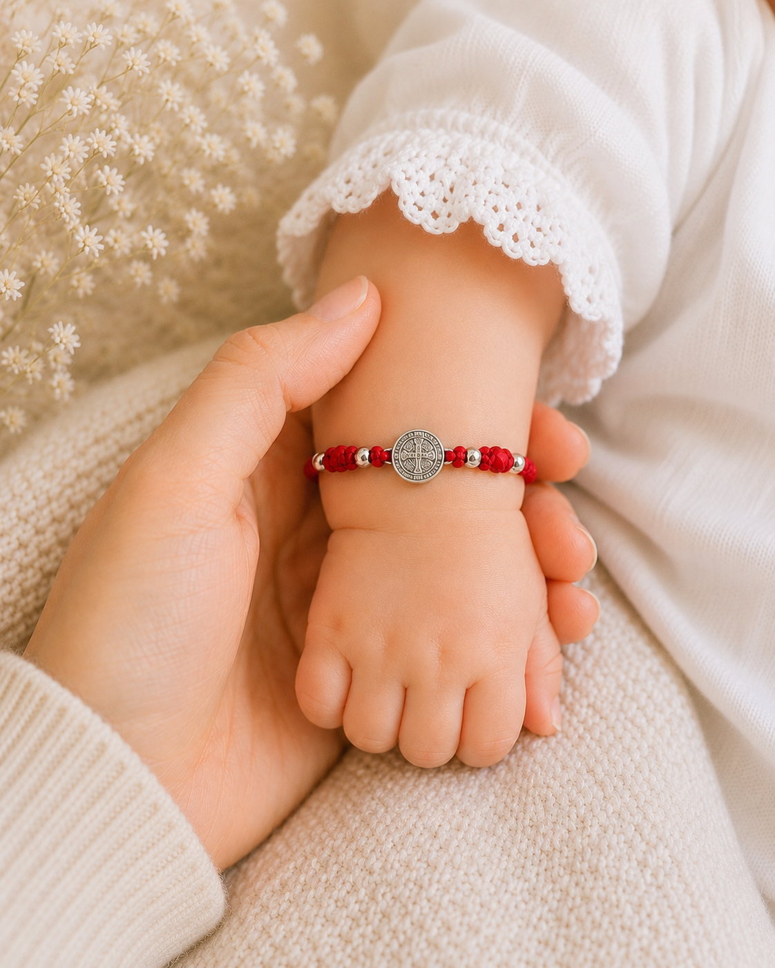Red St. Benedict Baby Bracelet – Crystal Beaded Adjustable Nylon Bracelet