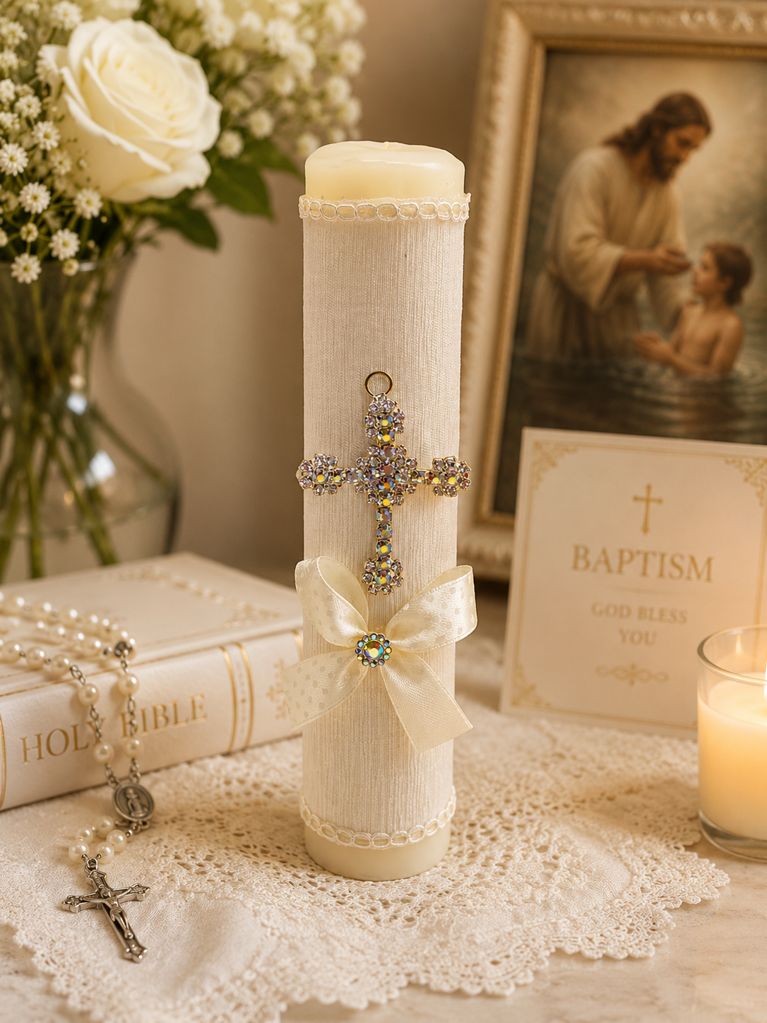 Beige Baptism Candle with Rhinestone Cross 8”