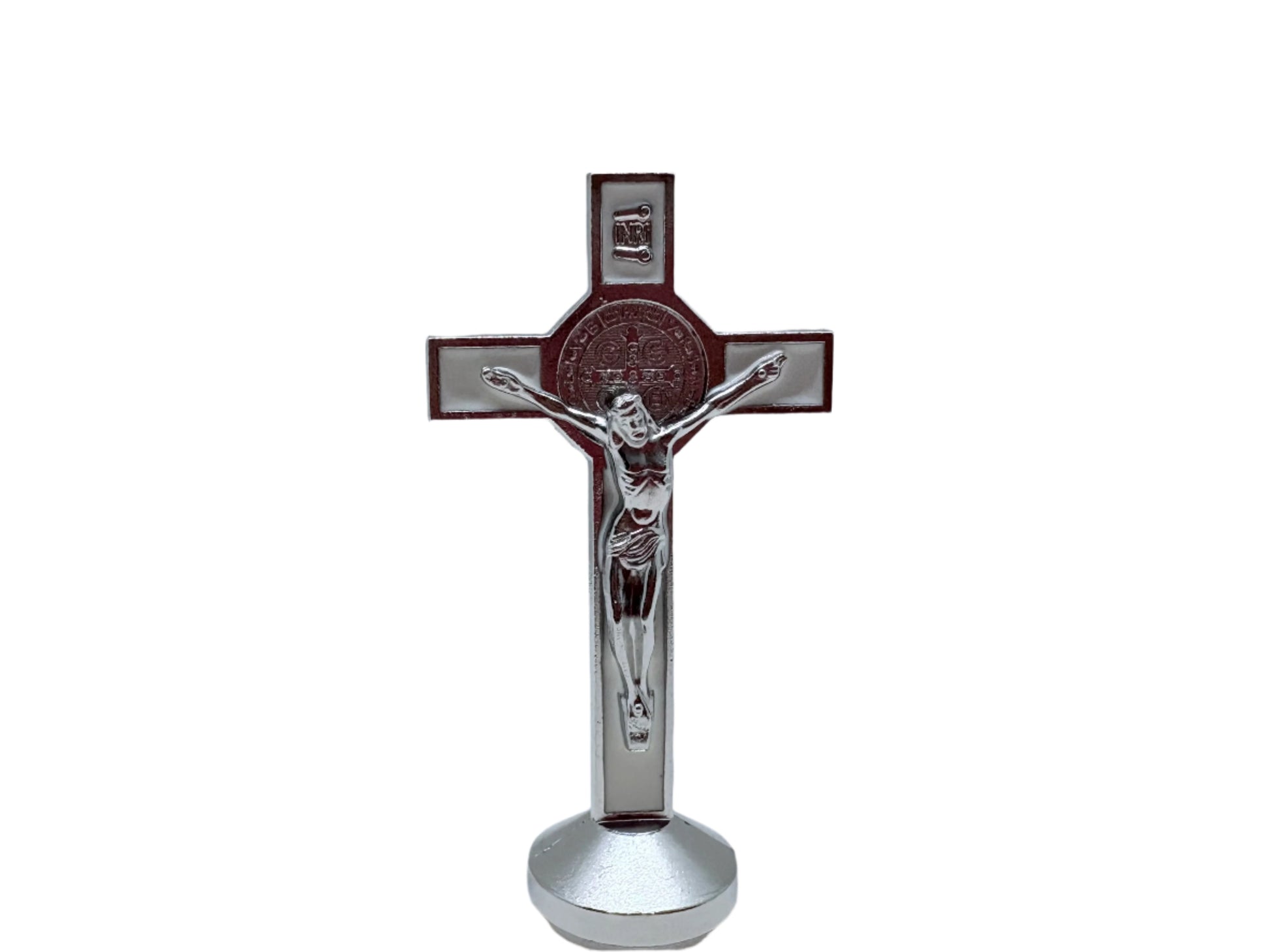Front view of white dashboard Saint Benedict crucifix with silver corpus christi and St. Benedict medal  on a white background