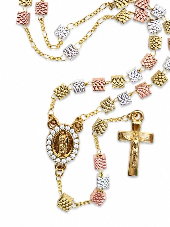 Tri-Color St. Jude Rosary Necklace – Square Textured Beads, CZ Pendant (15”)