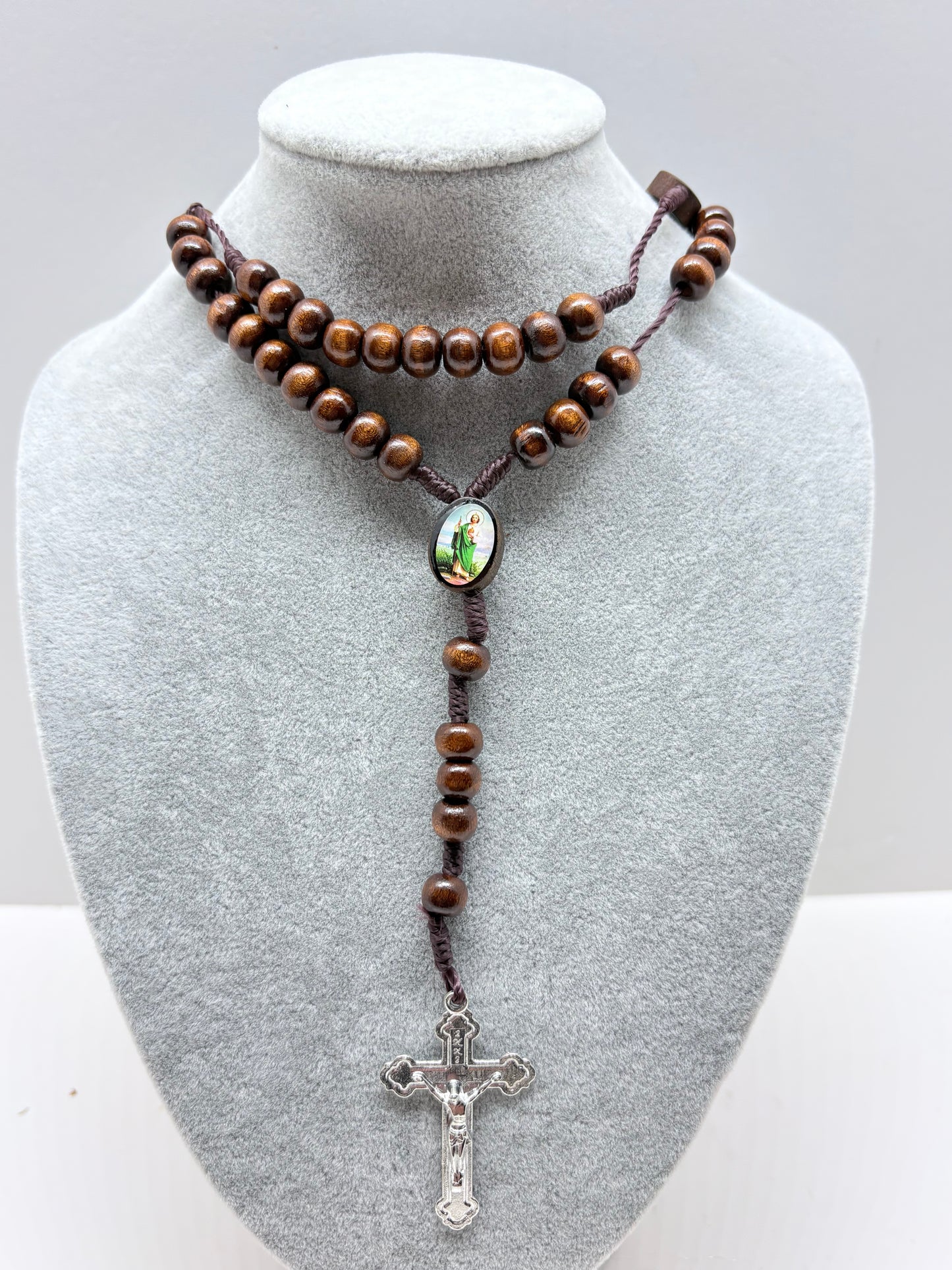 Brown St Jude  Wood Rosary with St. Benedict Crucifix