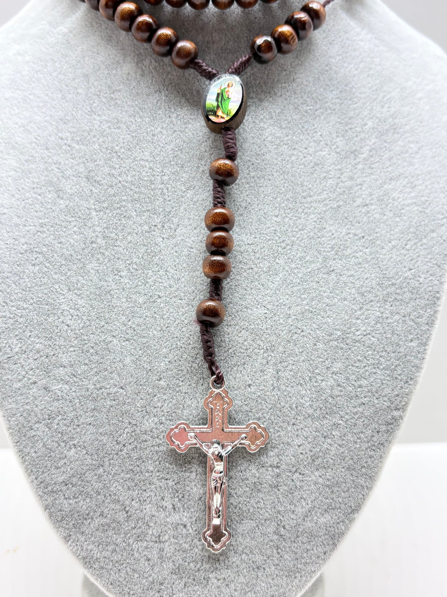Brown St Jude  Wood Rosary with St. Benedict Crucifix