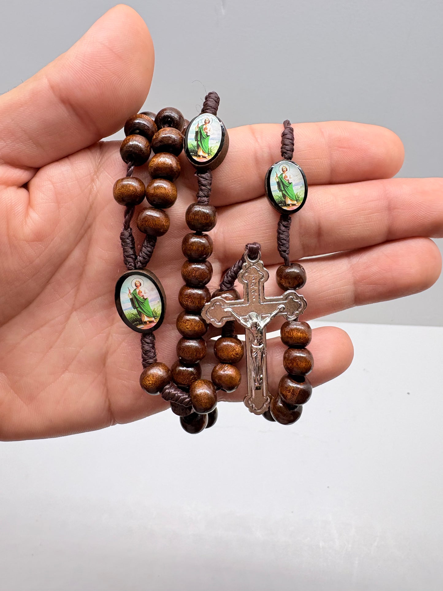 Brown St Jude  Wood Rosary with St. Benedict Crucifix