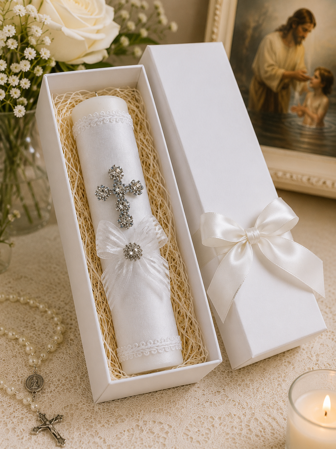 Baptism Candle Style 35 | White Catholic Candle with Rhinestone Cross & Bow