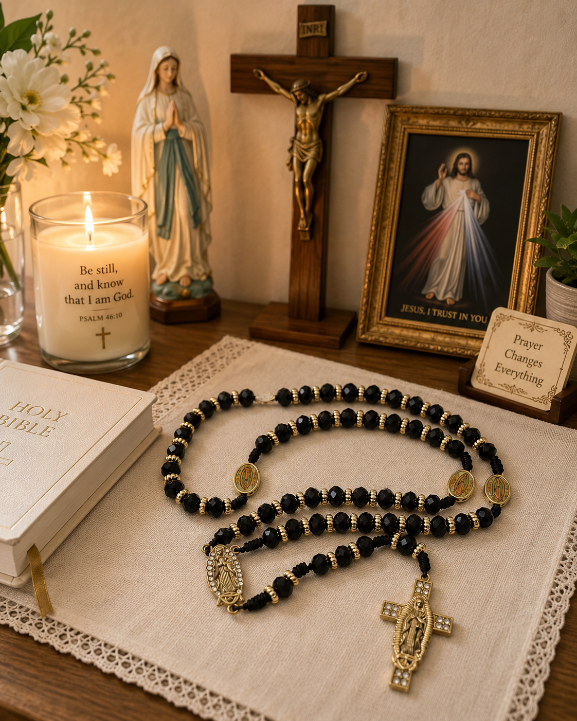 Black Beaded Guadalupe Rosary with Gold Guadalupe Cross