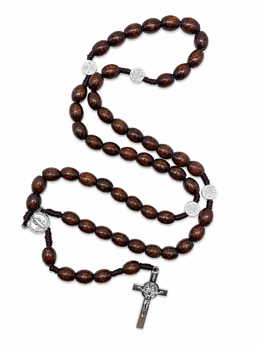 Brown St Benedict Wooden Rosary with St. Benedict Crucifix