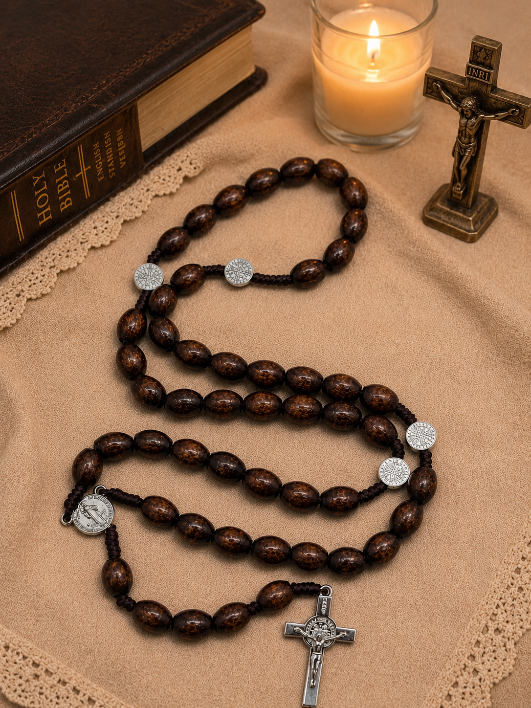 Brown St Benedict Wooden Rosary with St. Benedict Crucifix