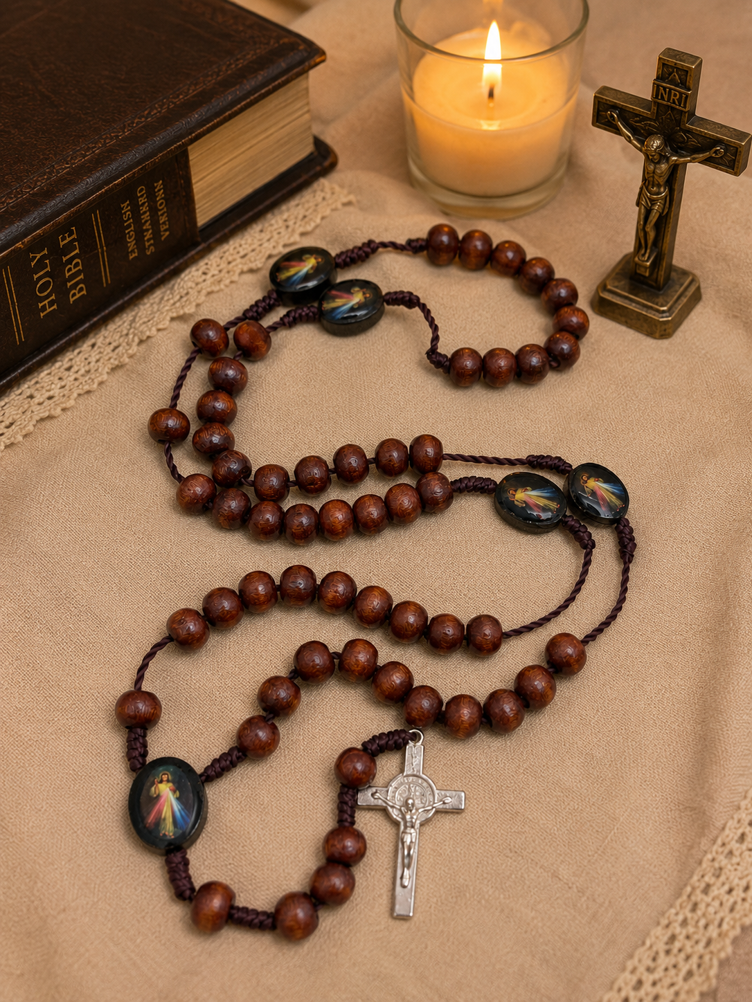 Brown Divine Mercy Wooden Rosary with St. Benedict Crucifix