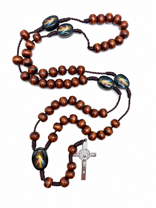 Brown Divine Mercy Wooden Rosary with St. Benedict Crucifix
