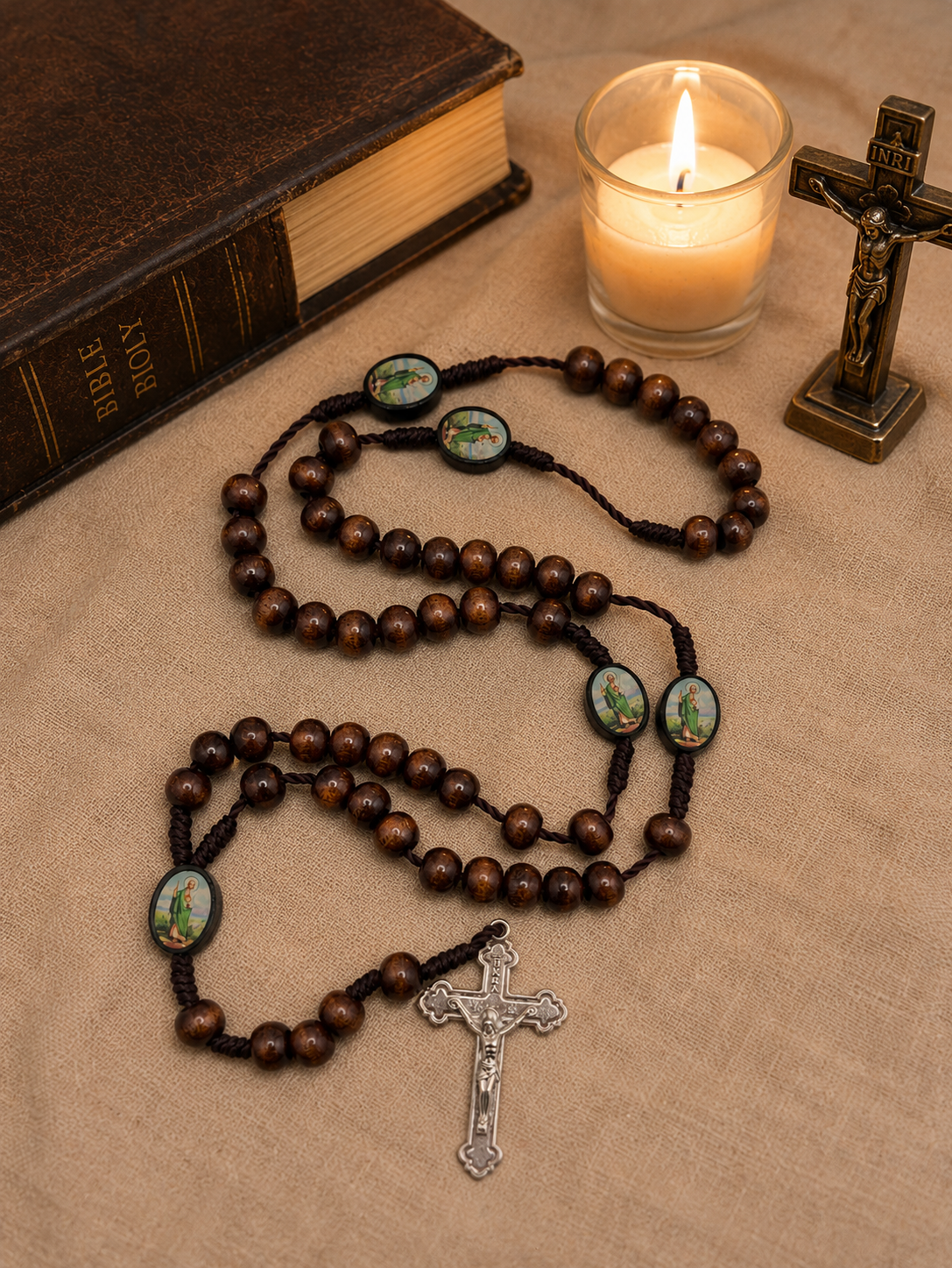 Brown St Jude  Wood Rosary with St. Benedict Crucifix