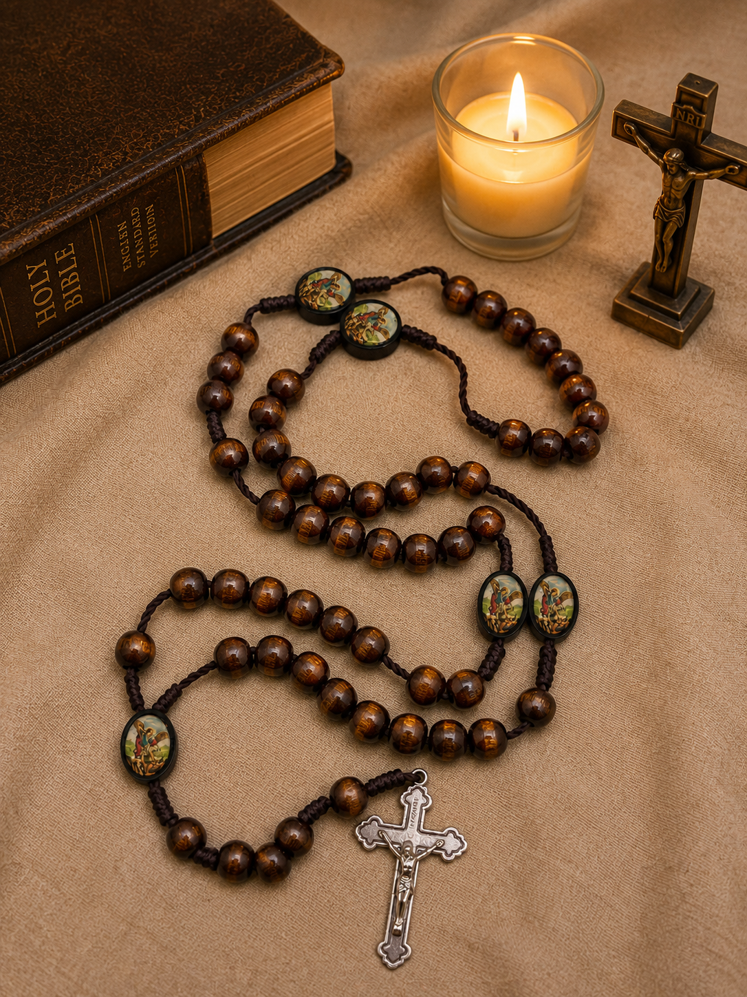 St. Michael the Archangel Wooden Rosary – Brown Beads & Silver Crucifix