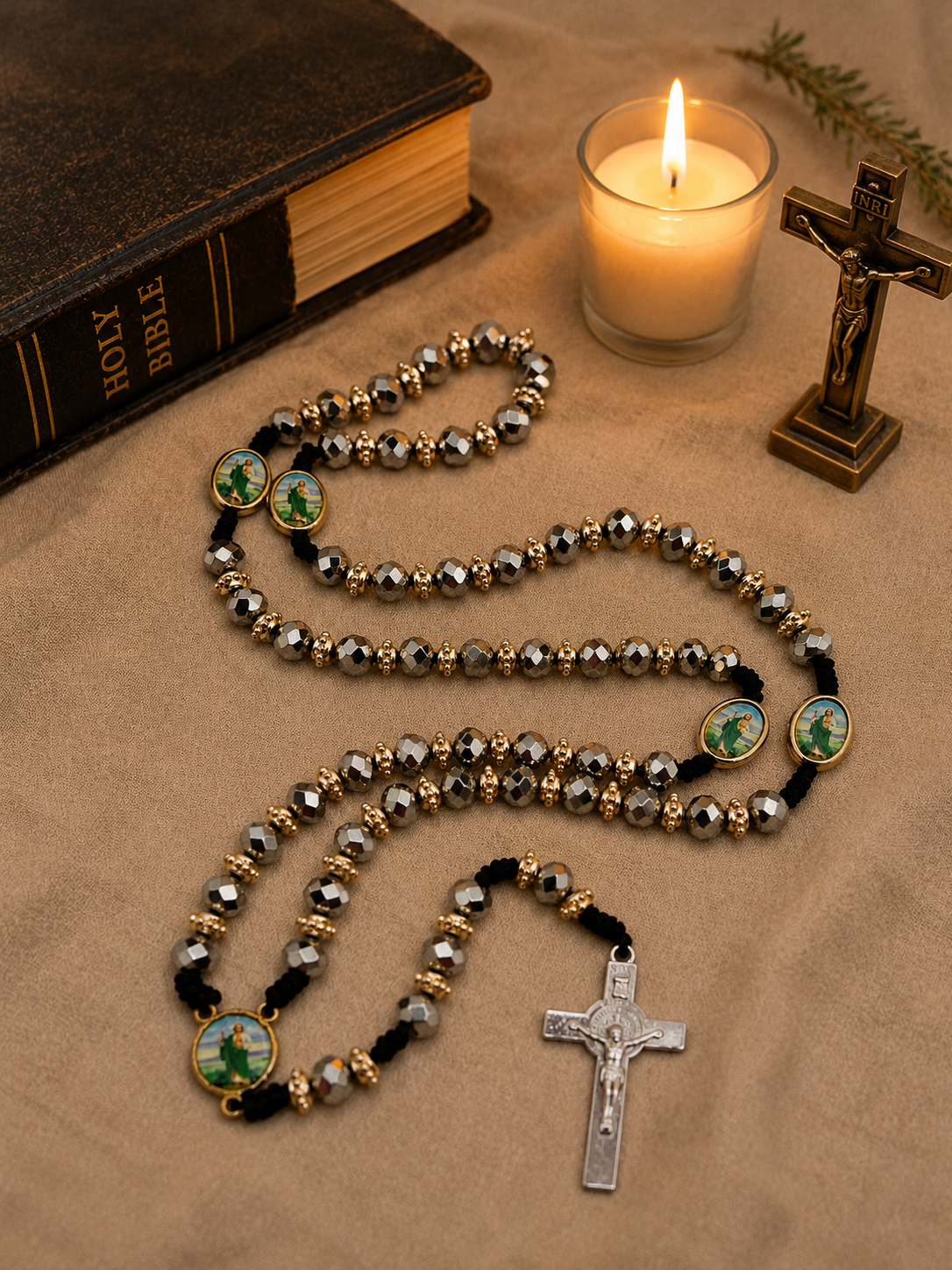 Silver Beaded St. Jude Rosary with St. Benedict Crucifix