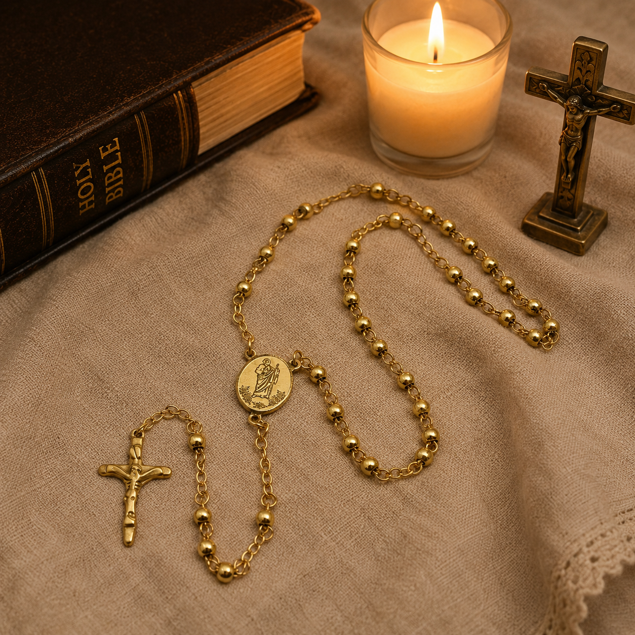 St Jude Stainless Steel Gold Colored Rosary
