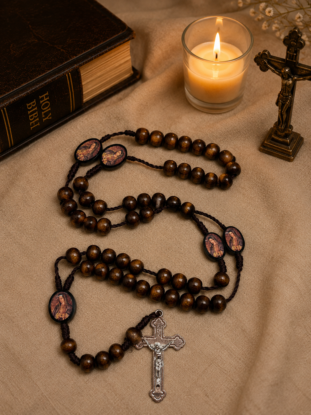Our Lady of Guadalupe Wooden Rosary with St. Benedict Crucifix