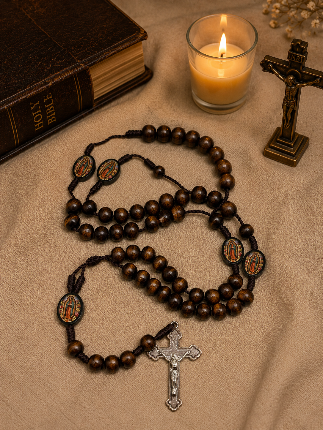 Our Lady of Guadalupe Rosary with Roses – Wooden Beads & St. Benedict Crucifix