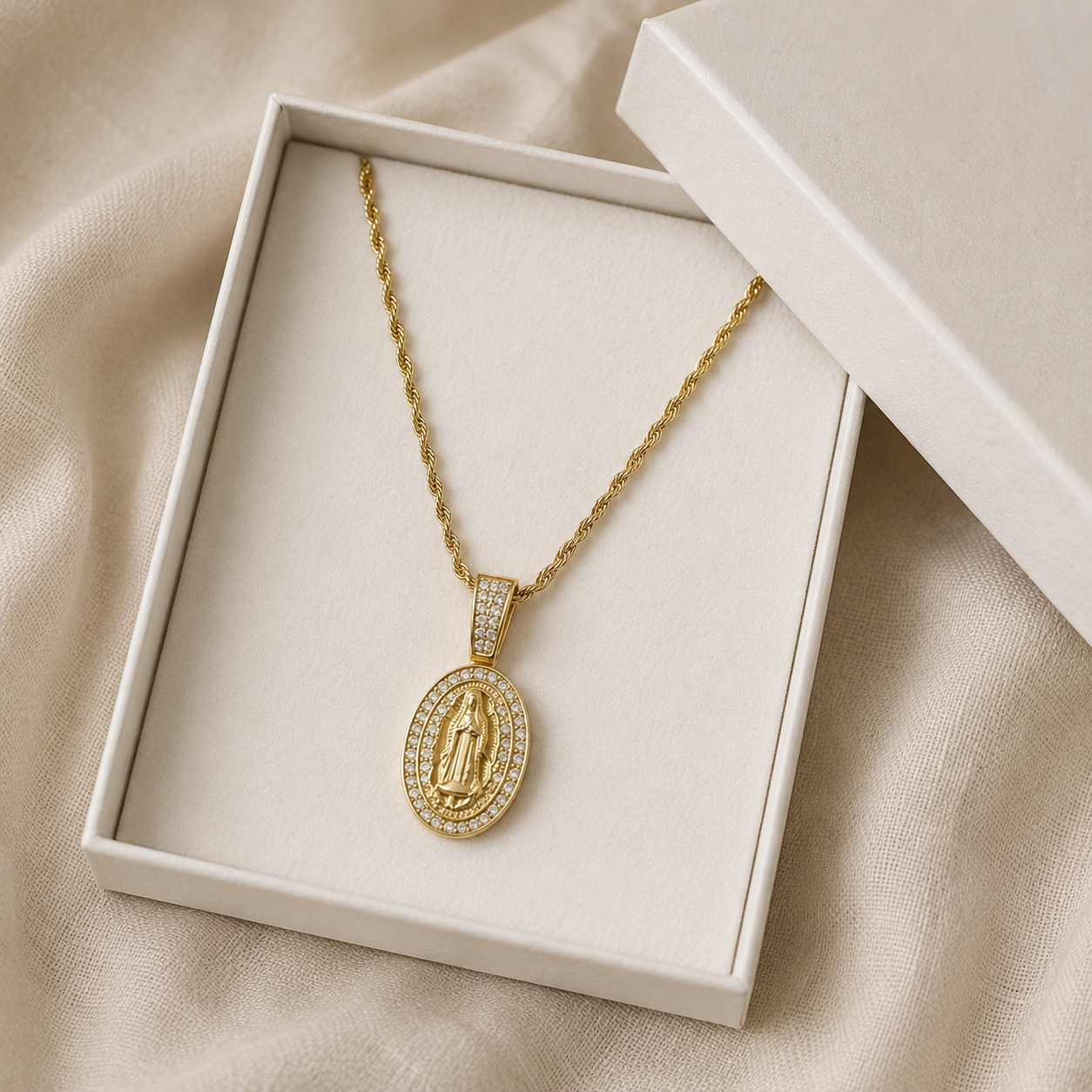 Guadalupe Rope Gold Stainless Steel Necklace Oval Pendant