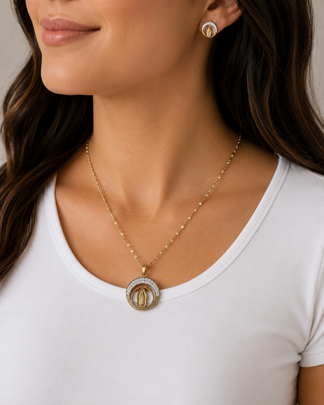 Our Lady of Guadalupe Moon Necklace and Earring Set Stainless Steel