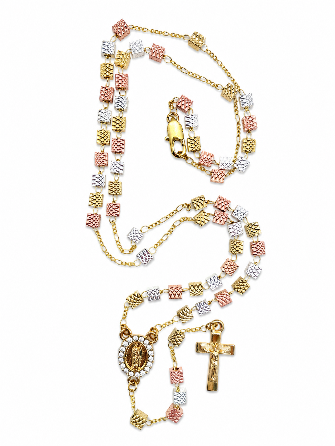 Tri-Color St. Jude Rosary Necklace – Square Textured Beads, CZ Pendant (15”)