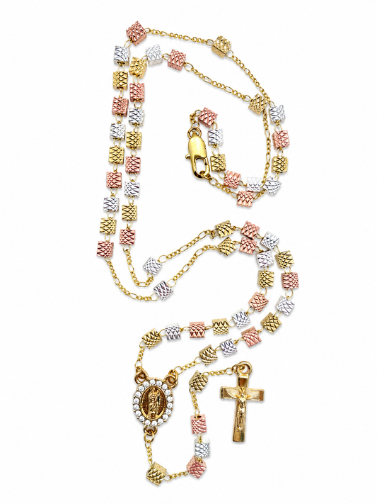 Tri-Color St. Jude Rosary Necklace – Square Textured Beads, CZ Pendant (15”)
