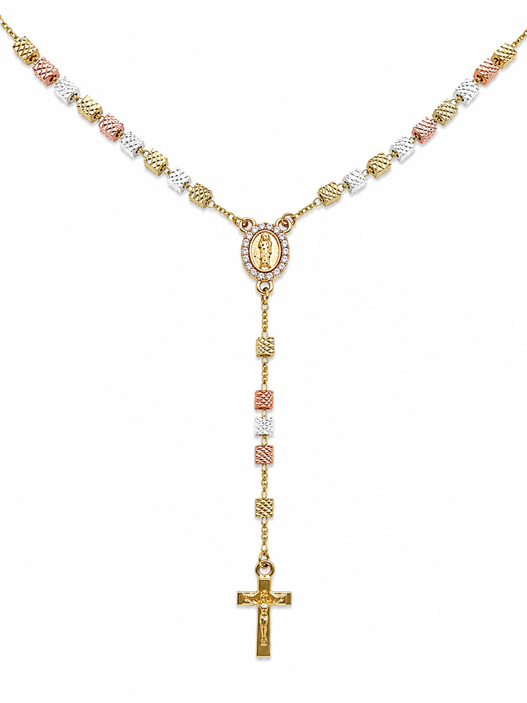 Tri-Color St. Jude Rosary Necklace – Square Textured Beads, CZ Pendant (15”)