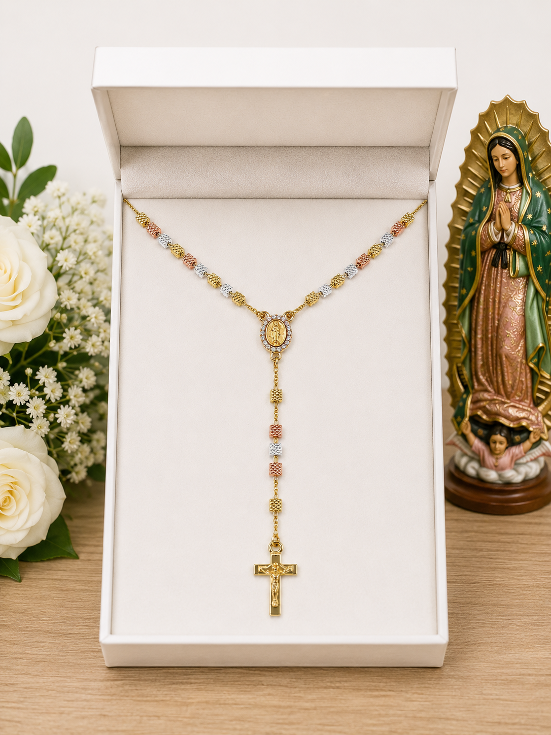Tri-Color St. Jude Rosary Necklace – Square Textured Beads, CZ Pendant (15”)