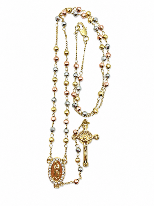 Tri-Color Textured Bead Guadalupe Rosary Necklace – Stainless Steel, CZ Centerpiece (17”)
