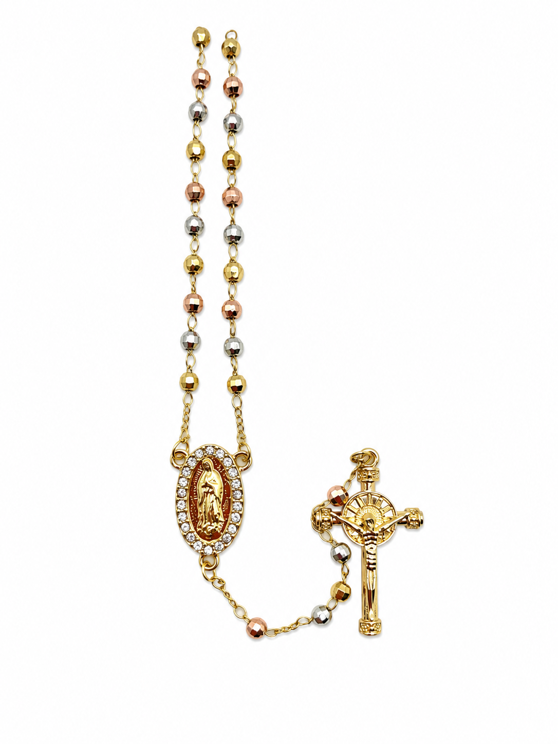 Tri-Color Textured Bead Guadalupe Rosary Necklace – Stainless Steel, CZ Centerpiece (17”)