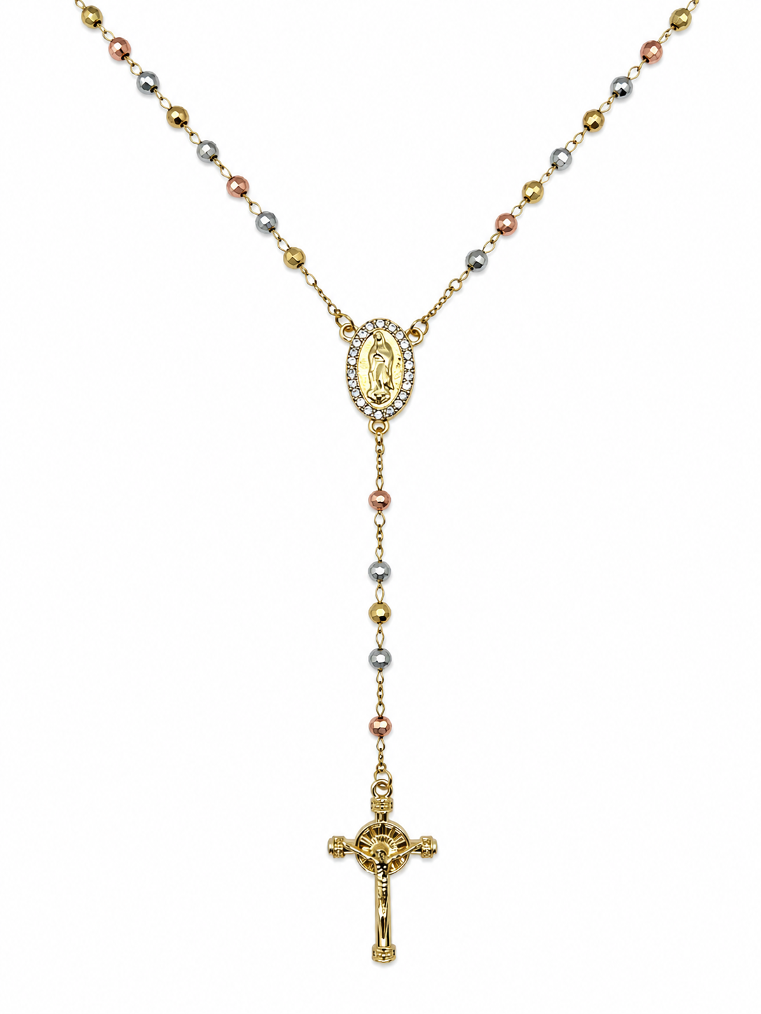 Tri-Color Textured Bead Guadalupe Rosary Necklace – Stainless Steel, CZ Centerpiece (17”)