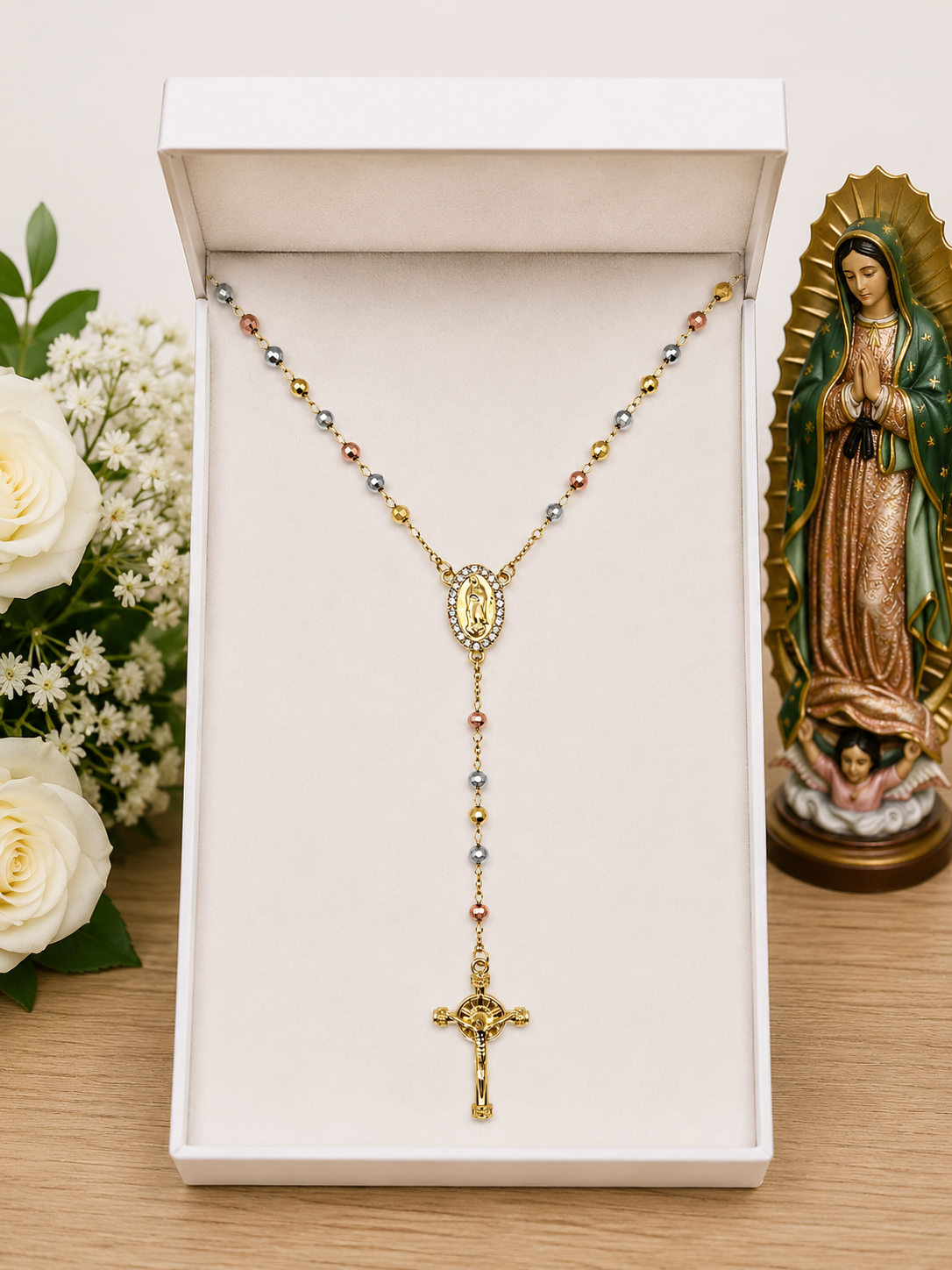 Tri-Color Textured Bead Guadalupe Rosary Necklace – Stainless Steel, CZ Centerpiece (17”)