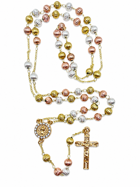 Tri-Color St. Benedict Rosary Necklace – Textured Line Beads, CZ Medal (19”)