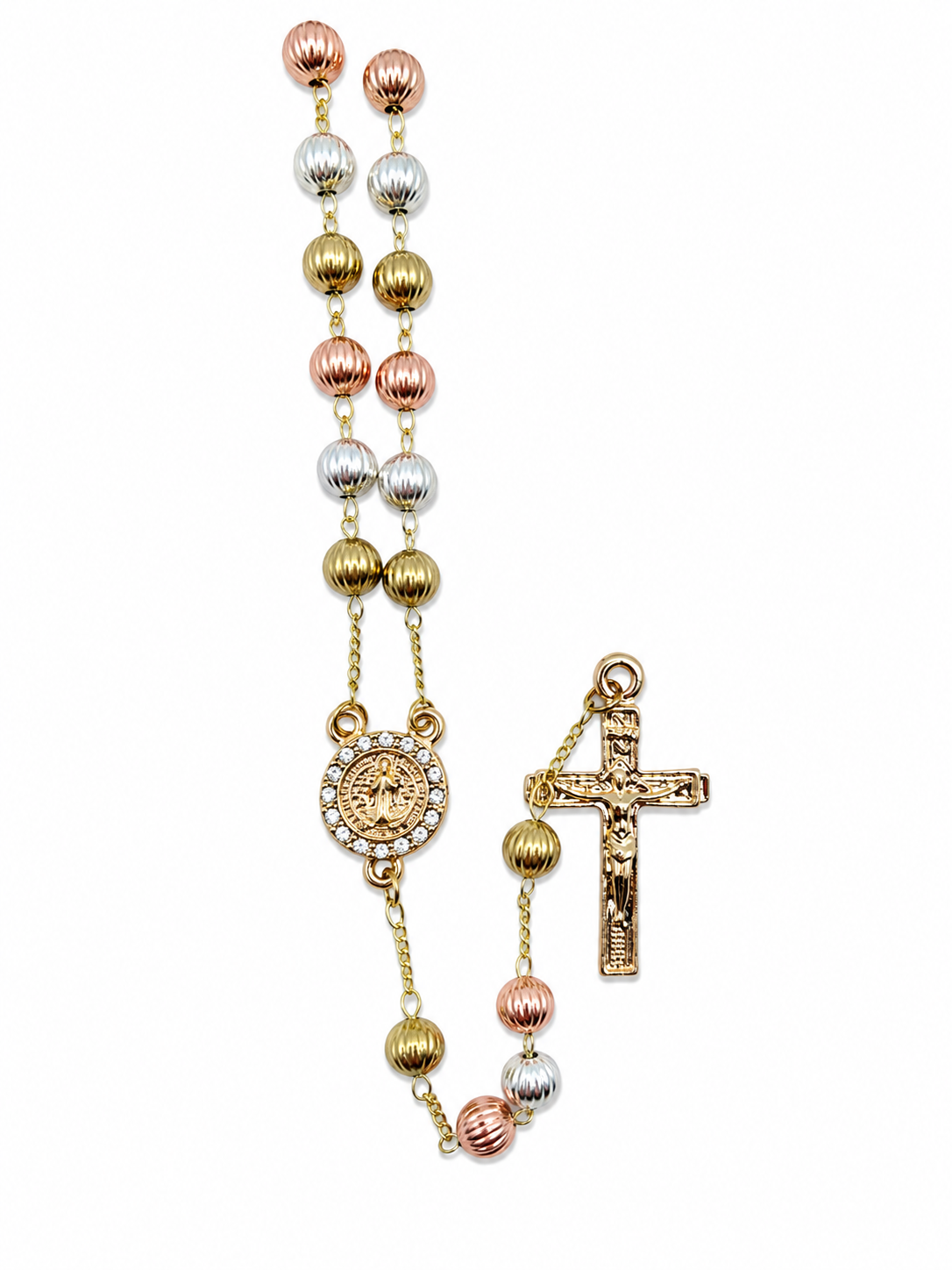 Tri-Color St. Benedict Rosary Necklace – Textured Line Beads, CZ Medal (19”)