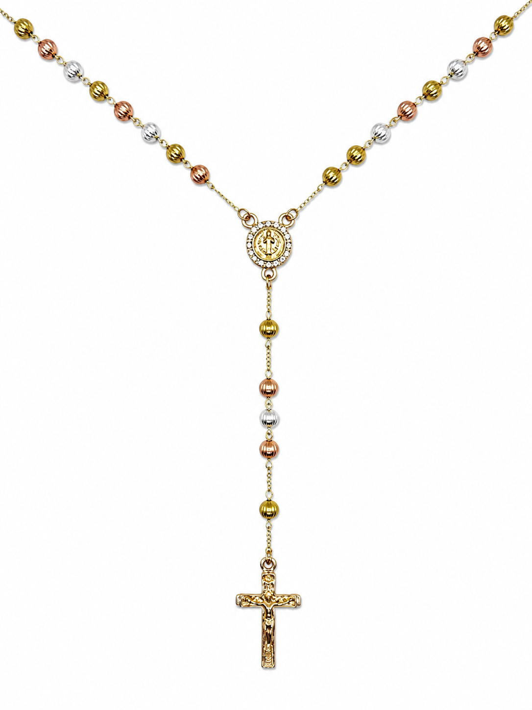 Tri-Color St. Benedict Rosary Necklace – Textured Line Beads, CZ Medal (19”)