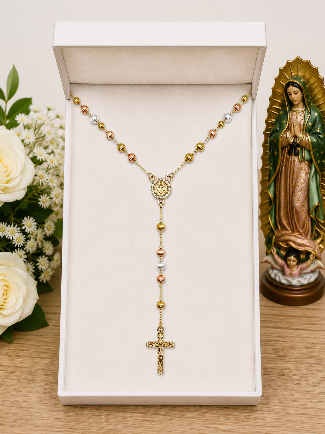 Tri-Color St. Benedict Rosary Necklace – Textured Line Beads, CZ Medal (19”)