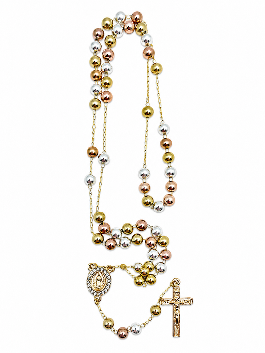 Tri-Color Smooth Bead Guadalupe Rosary Necklace – Stainless Steel, CZ Pendant (18”)