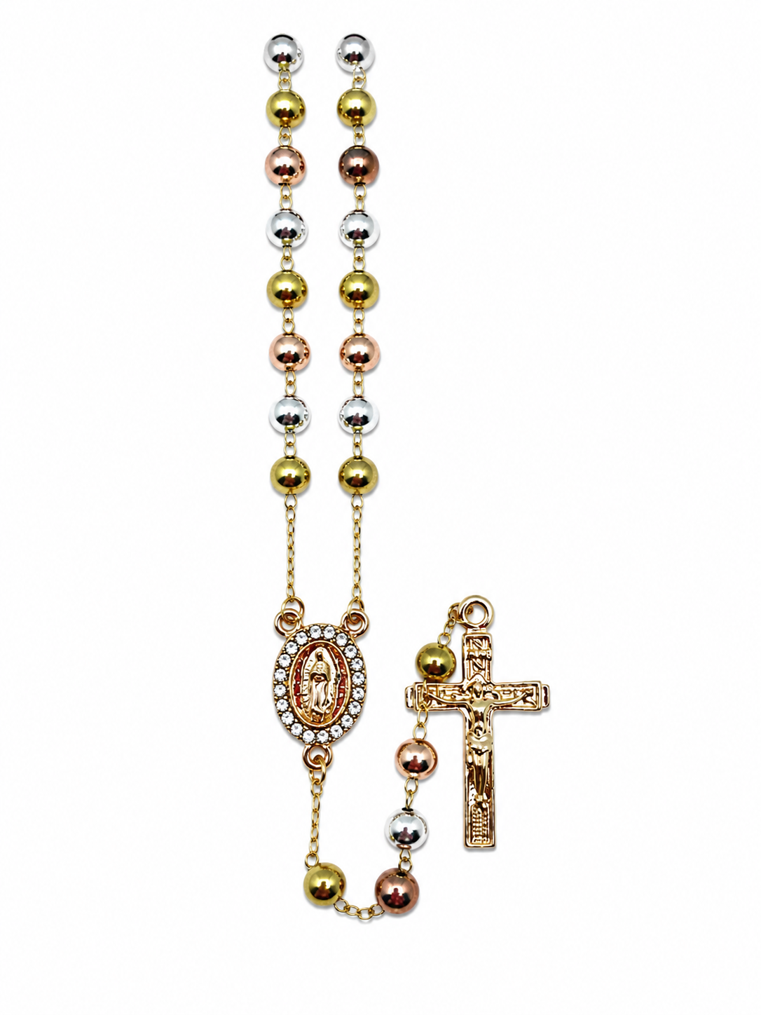 Tri-Color Smooth Bead Guadalupe Rosary Necklace – Stainless Steel, CZ Pendant (18”)