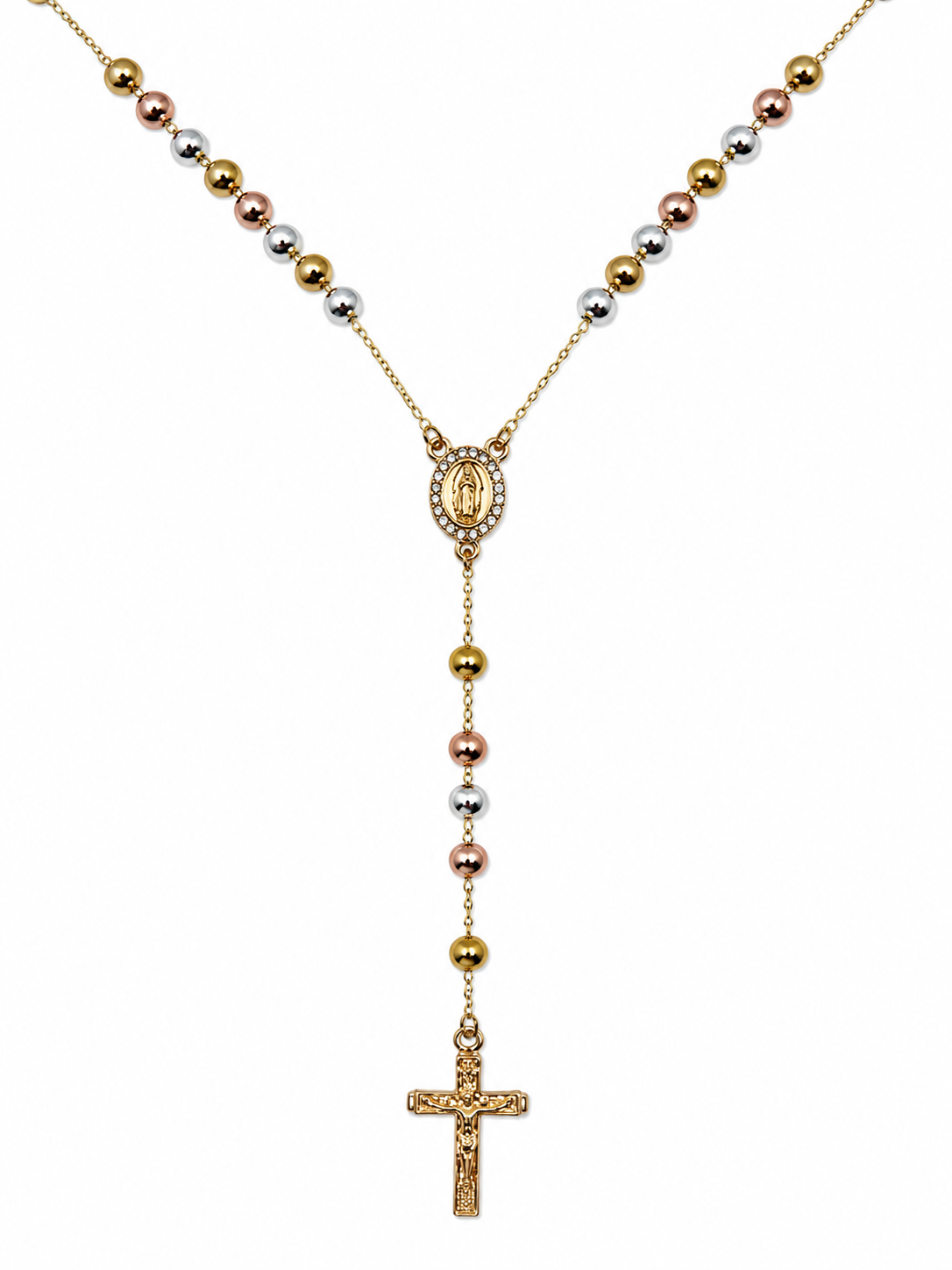 Tri-Color Smooth Bead Guadalupe Rosary Necklace – Stainless Steel, CZ Pendant (18”)