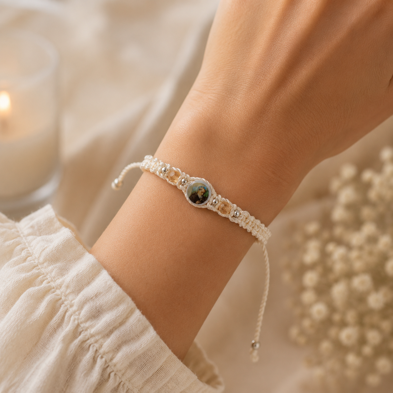 Beige St. Benedict Bracelet with Crystal Beads