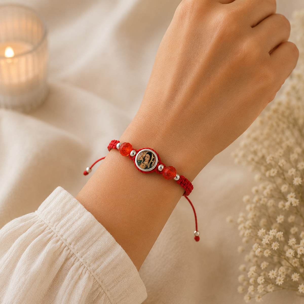 Guadalupe Charm Bracelet – Red Woven Cord with Silver & Crystal Beads