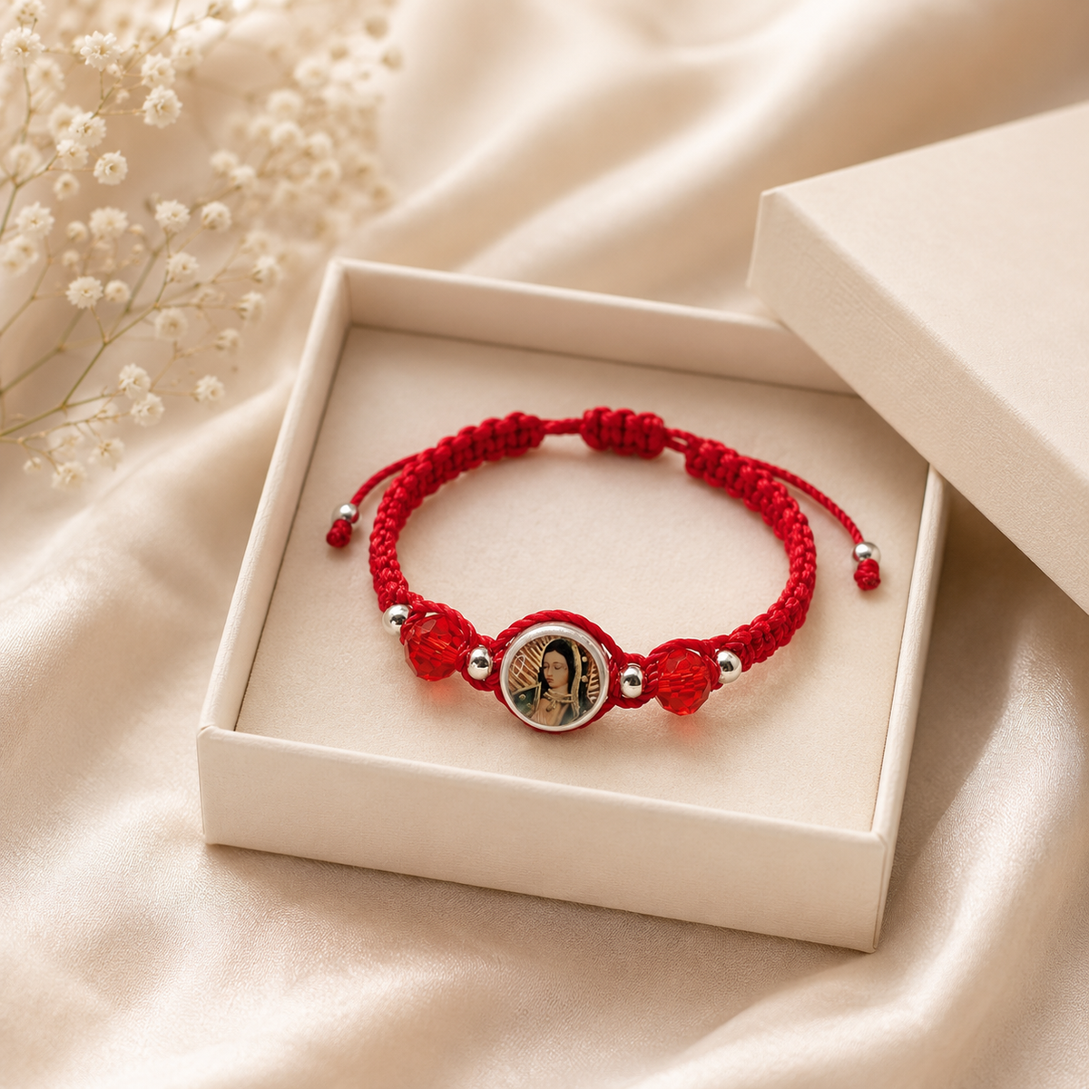 Guadalupe Charm Bracelet – Red Woven Cord with Silver & Crystal Beads