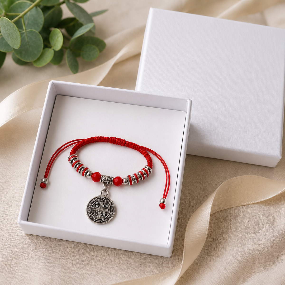 Red St. Benedict Bracelet with Rhinestones & Hanging Medal Charm