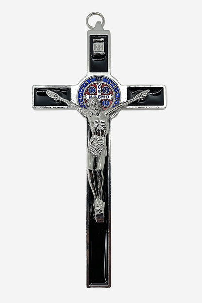 Front view of St. Benedict Crucifix with Black Enamel, blue, red and silver St. Benedict medal, silver corpus Cristi on white background.