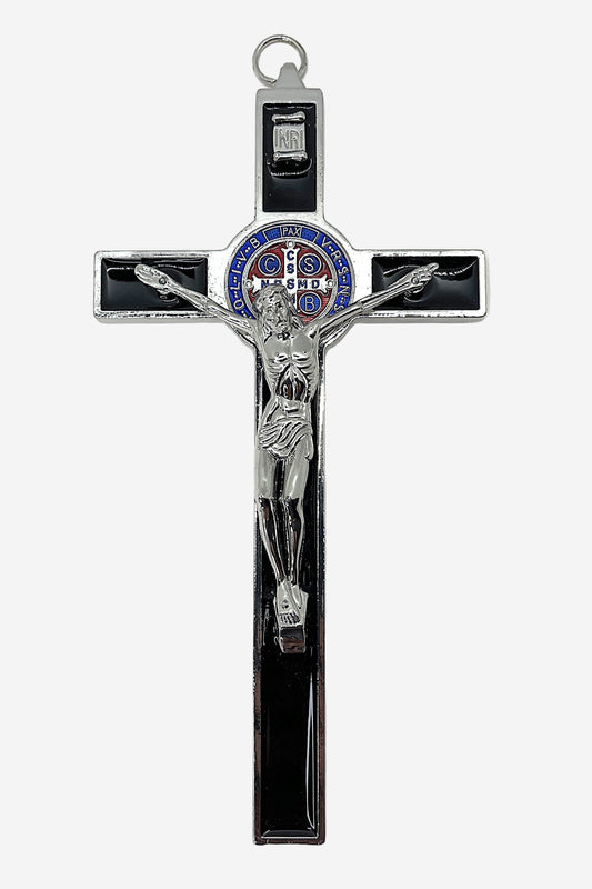 Front view of St. Benedict Crucifix with Black Enamel, blue, red and silver St. Benedict medal, silver corpus Cristi on white background.