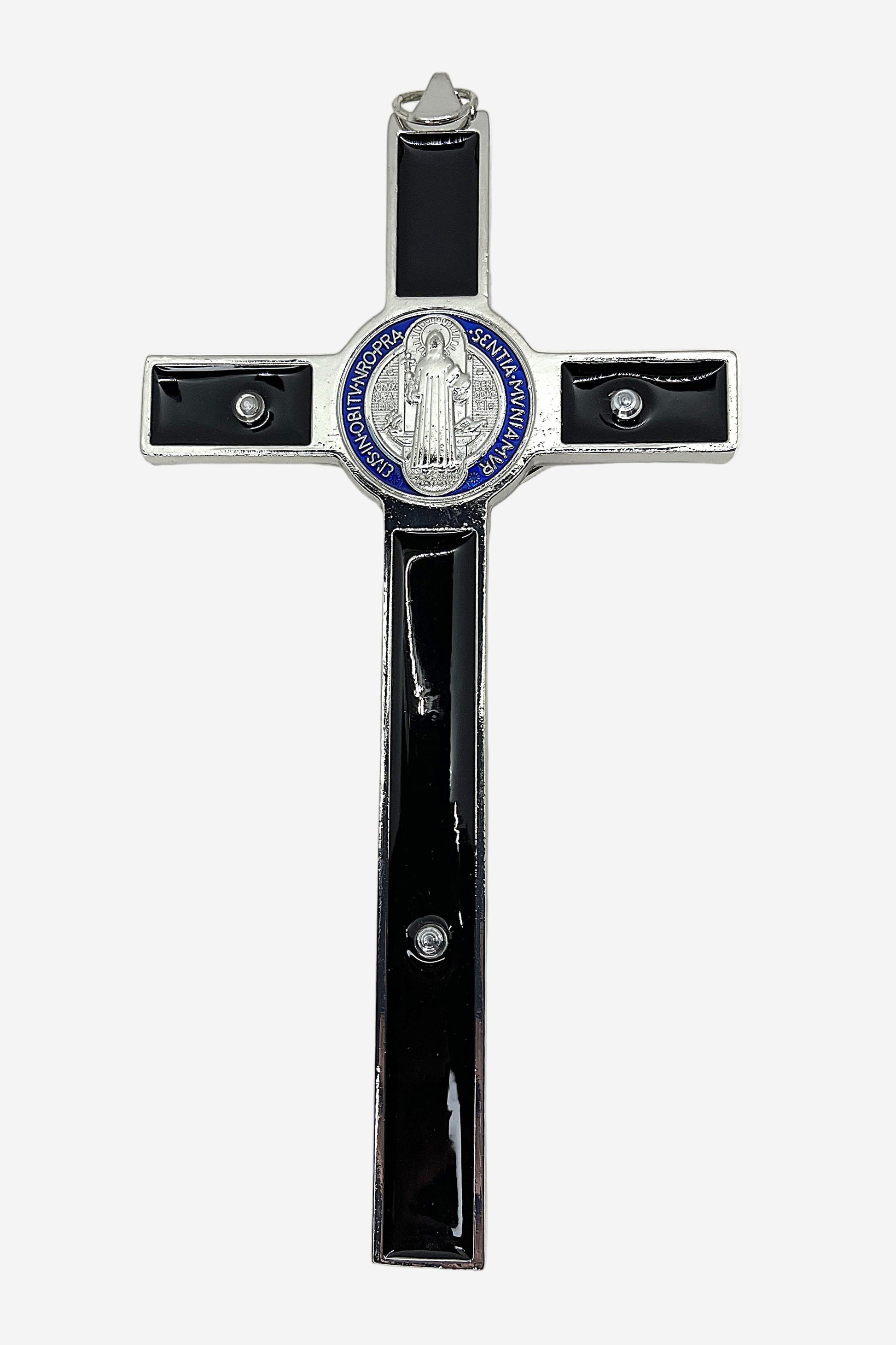 Back view of St. Benedict Crucifix with Black Enamel, blue and silver St. Benedict medal on white background.
