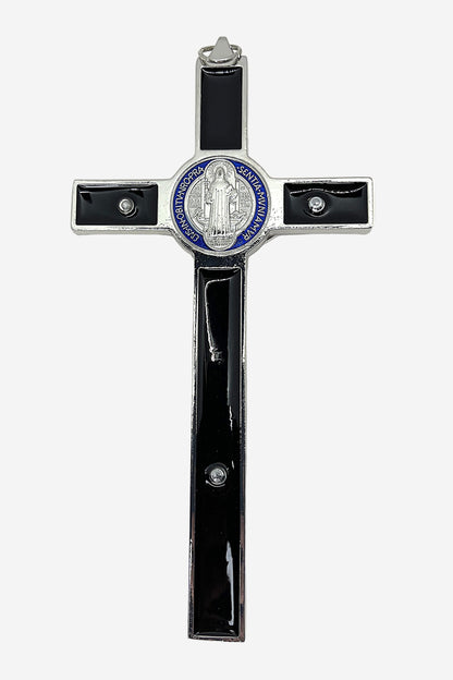 Back view of St. Benedict Crucifix with Black Enamel, blue and silver St. Benedict medal on white background.