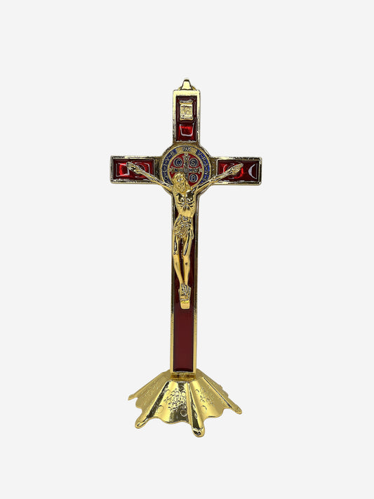 Standing gold crucifix for wall or table gold color with colorful st benedict medal