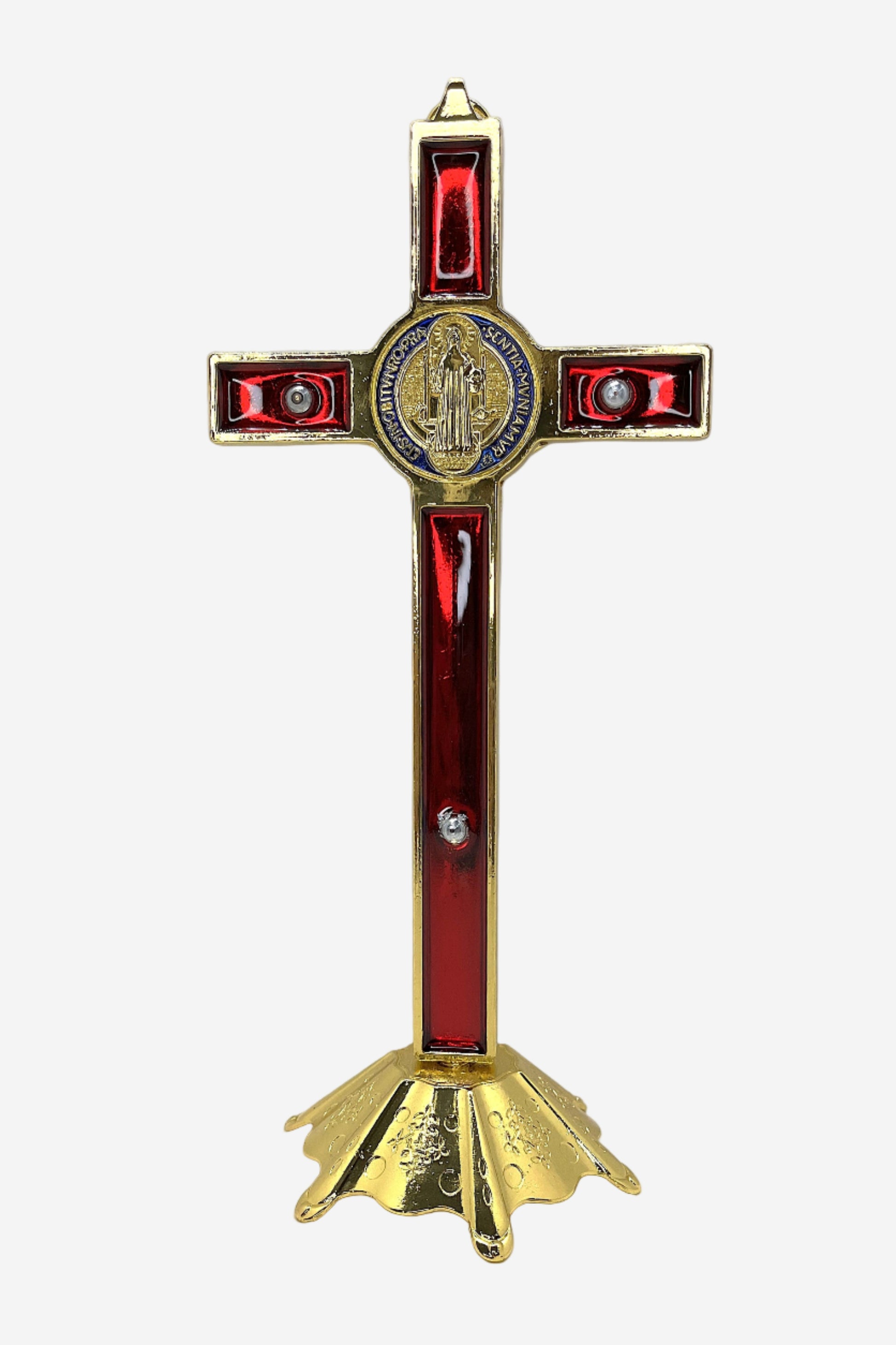 Back view of standing gold and red crucifix for wall or table gold colored with colorful st benedict medal